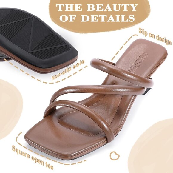 Trakxy Women Brown Square Toe Kitten Heels Open Toe Cross Strappy Party Sandals - Picture 3 of 8